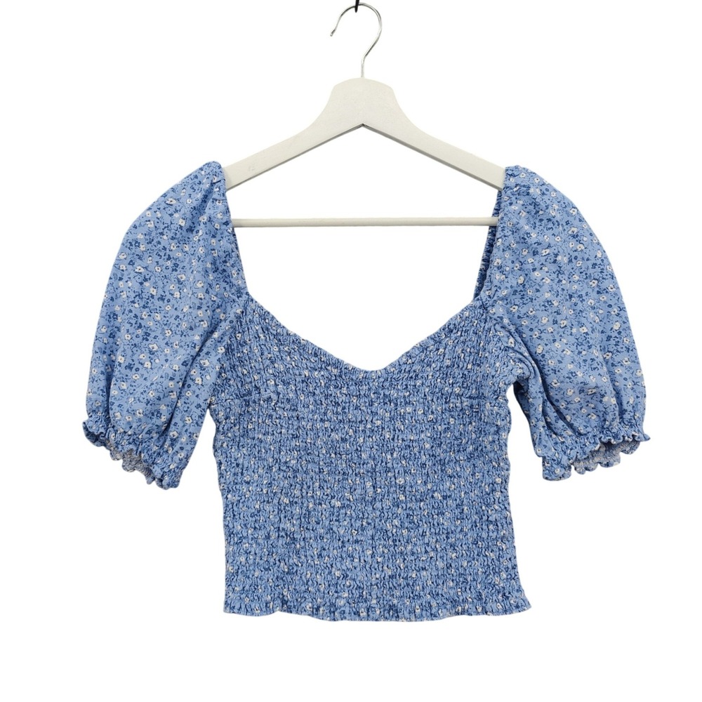 Abercrombie Fitch Womens Cottage Milkmaid Linen Blend Smocked Top M Blue Crop